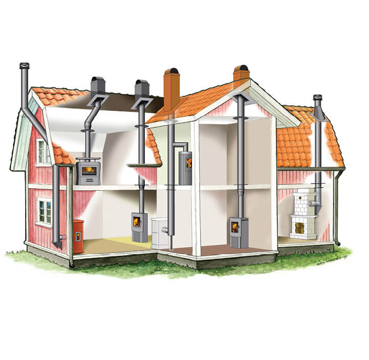 Drawing of a house with many different types of fireplaces and chimneys