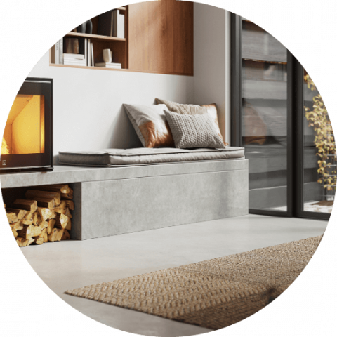 Bench integrated into the fireplace surround