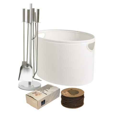 Collage of wood basket fireplace set, kindling briquettes