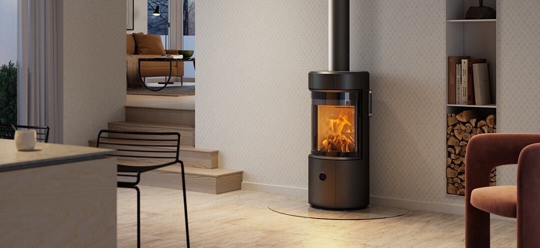 Small wood-burning stove Scan 67-1000 in a bright Scandinavian kitchen interior