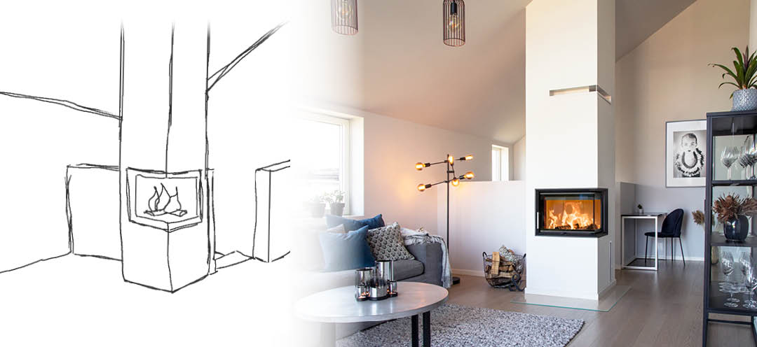 Two-part picture of the road from sketch to finished fireplace in a bright living room