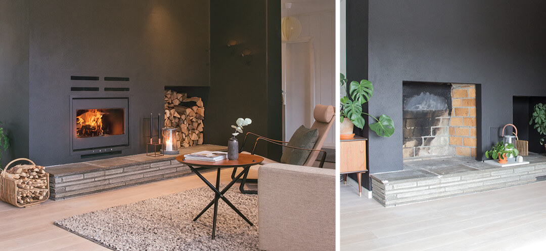 Before / after picture of the fireplace insert fitted into the fireplace / open hearth