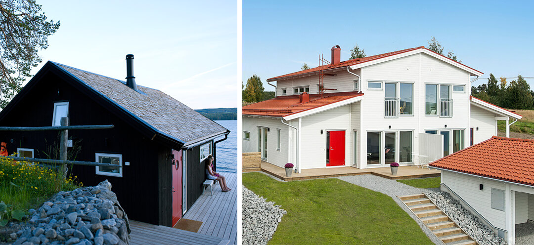 Two-part image with a small black house with a red door and pier by the water and a large white house semi-detached house with a red roof and garage