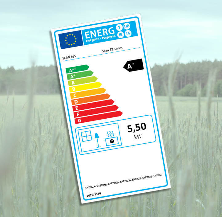 Image of an energy labeling label superimposed on a drawn image of a green field