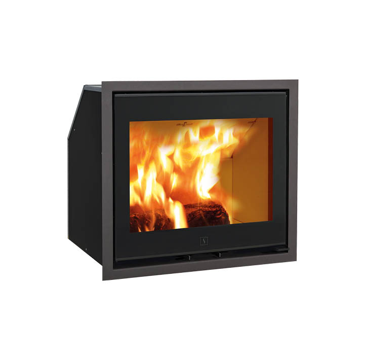 Rectangular black fireplace insert with flames Scan 1003 with black glass door and steel frame