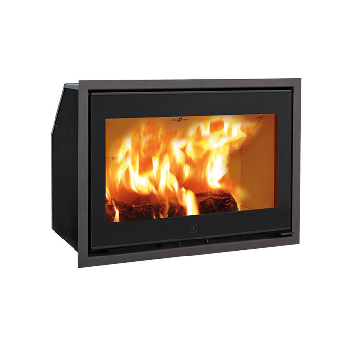 Rectangular black fireplace insert with flames Scan 1004 with black glass door and steel frame