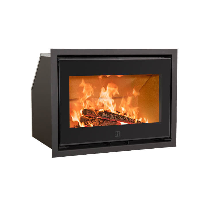 Rectangular black fireplace insert with flames Scan 1003 with black glass door and steel frame