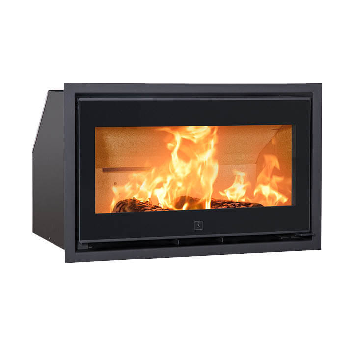 Rectangular black fireplace insert with flames Scan 1003 with black glass door and steel frame
