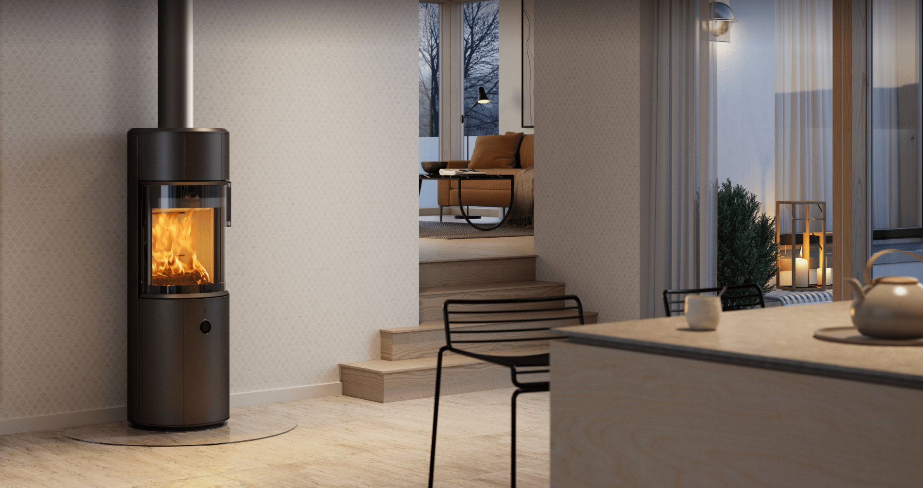 Black round wood-burning stove Scan 67-1300 in a bright Scandinavian kitchen interior