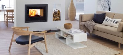 White fireplace with doublesided insert Scan DSA 12 as a room devider in light livingroom 