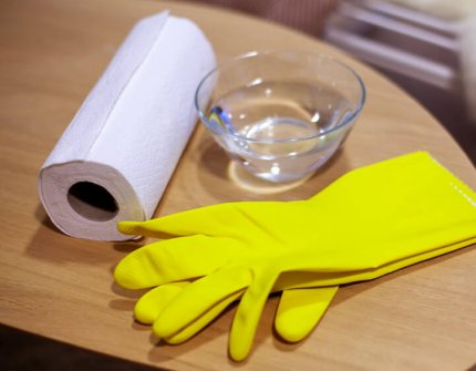 Cleaning equipment on the table: paper towel, rubber gloves, deep bowl