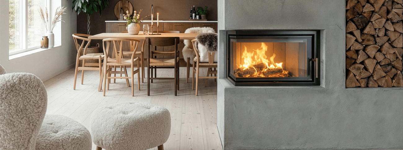 Built-in fireplace Scan 5107 FL with glass on the front and left side, set in a bright Nordic living room with modern décor and integrated log storage.
