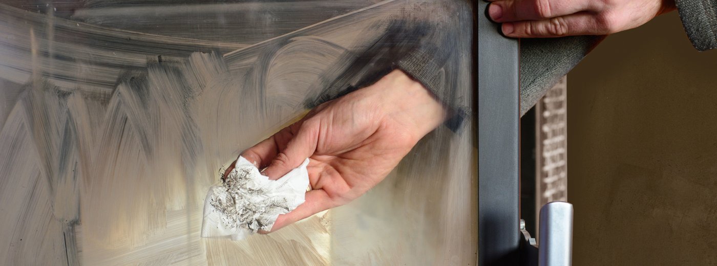The hand cleaning a dirty fireplace glass
