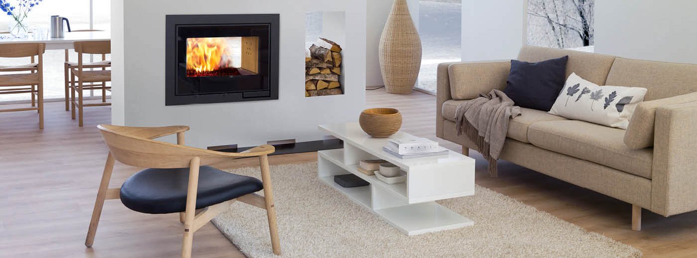 White fireplace with doublesided insert Scan DSA 12 as a room devider in light livingroom 