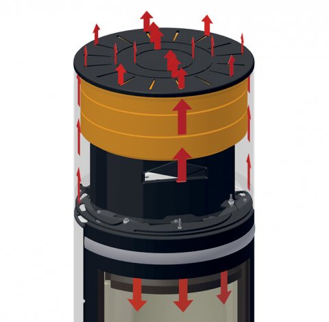 drawing of the function of the heat-storing stone in the top chamber of the black fireplace