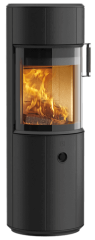 Product image of round black wood-burning stove Scan 67-1300 with large curved glass door